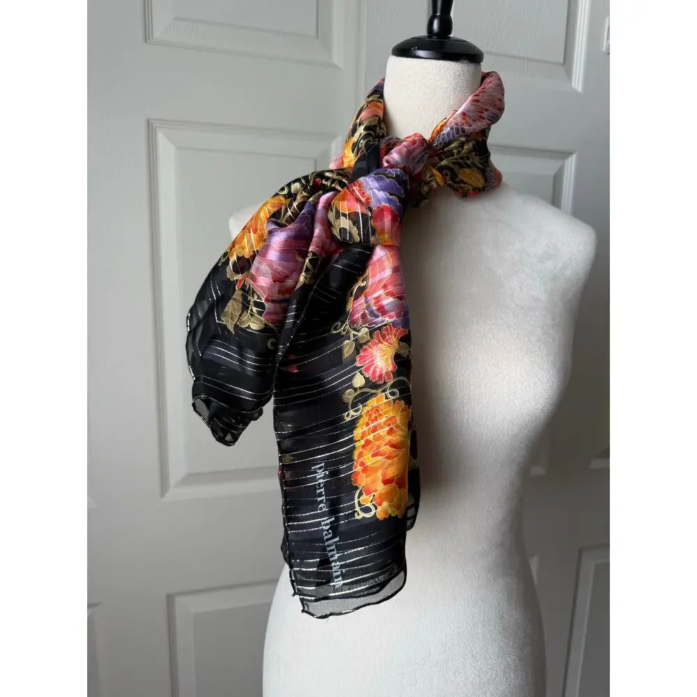 Pierre Balmain Black Floral 100% Silk Chiffon Wrap Scarf Vtg Y2K Made‎ in France
